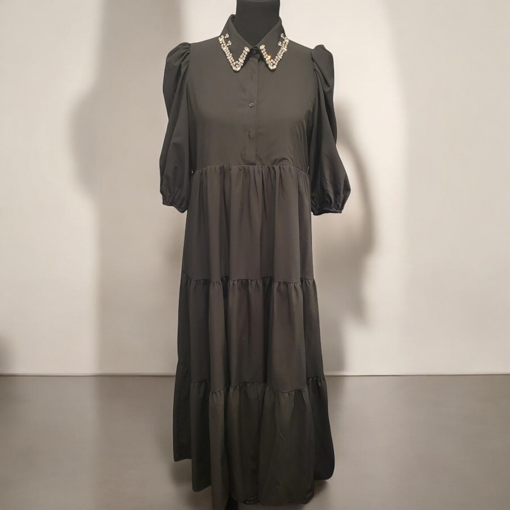 TCEC Black Tiered Dress with Rhinestone Collar Size M